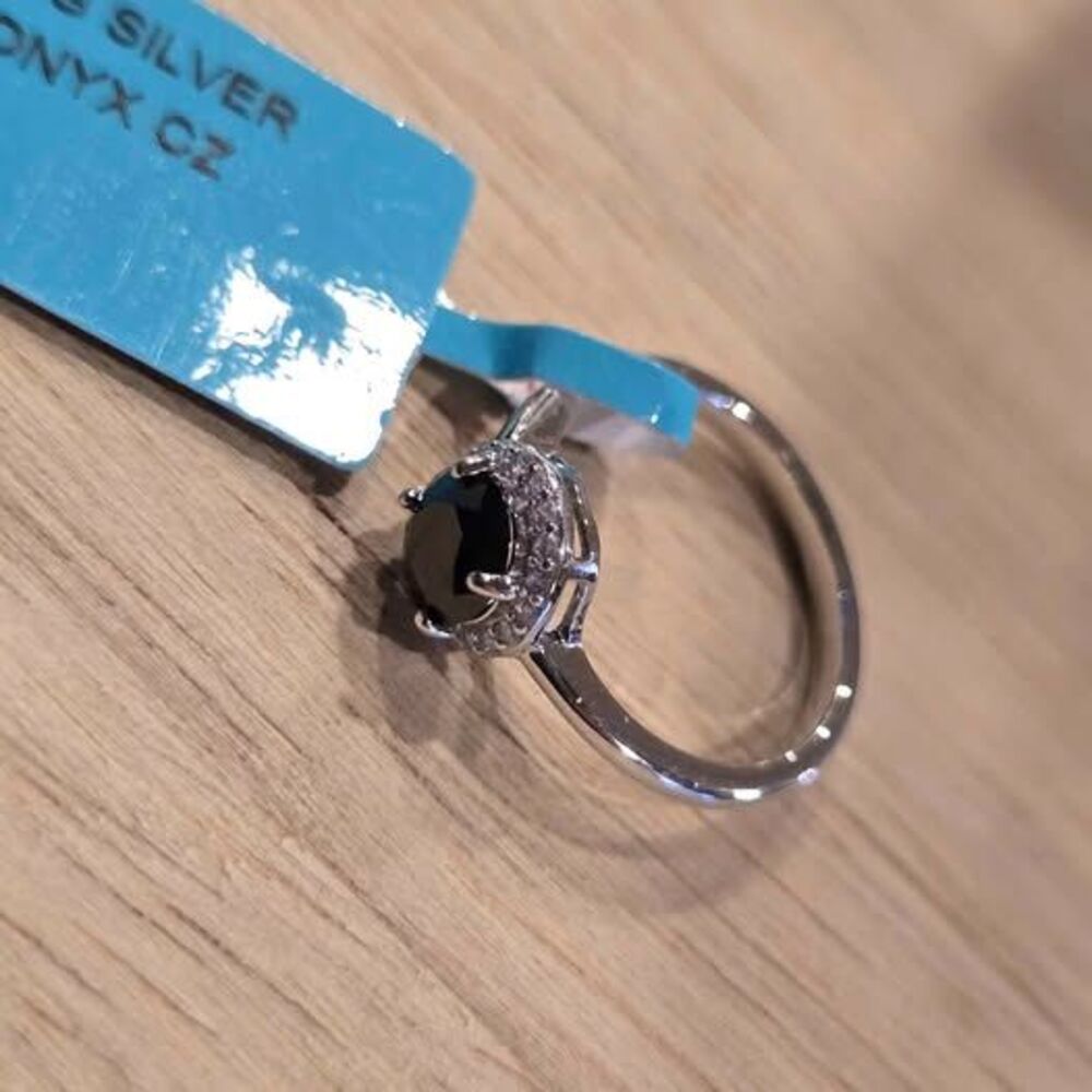 Sterling Silver Onyx and Moissanite Ring. Sz 5